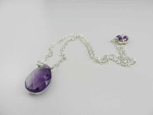 faceted teardrop, amethyst and silver necklace, amethyst and sterling silver necklace, amethyst necklace, silver necklace, sterling silver necklace, handmade, handcrafted, artisan, handmade necklace, handcrafted necklace, artisan necklace, February birthstone necklace, birthstone necklace, wire wrapped, wire wrapped sterling silver, wire wrapped silver, sterling silver lobster claw clasp, silver lobster claw clasp, birthstone necklace, February birthstone, birthstone collection, Sharon Joy Designs, lariat necklace, lariat, handmade amethyst necklace, handcrafted amethyst necklace, facetted teardrop