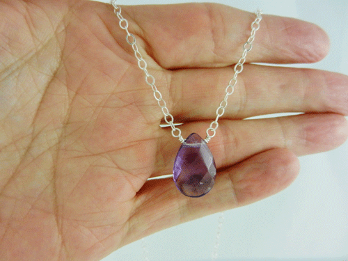 faceted teardrop, amethyst and silver necklace, amethyst and sterling silver necklace, amethyst necklace, silver necklace, sterling silver necklace, handmade, handcrafted, artisan, handmade necklace, handcrafted necklace, artisan necklace, February birthstone necklace, birthstone necklace, wire wrapped, wire wrapped sterling silver, wire wrapped silver, sterling silver lobster claw clasp, silver lobster claw clasp, birthstone necklace, February birthstone, birthstone collection, Sharon Joy Designs, lariat necklace, lariat, handmade amethyst necklace, handcrafted amethyst necklace, facetted teardrop