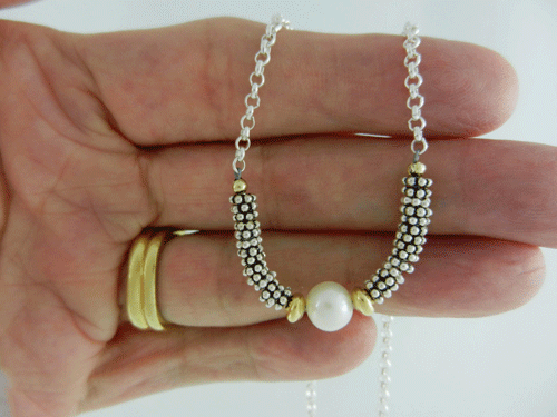 gold saucer beads, pearl and silver necklace, pearl and sterling silver necklace, pearl necklace, silver necklace, sterling silver necklace, handmade, handcrafted, artisan, handmade necklace, handcrafted necklace, artisan necklace, June birthstone, June birthstone necklace, birthstone necklace, wire wrapped, wire wrapped sterling silver, wire wrapped, silver, sterling silver lobster claw clasp, silver lobster claw clasp, sterling silver heishi spacers, gold filled saucer beads, pearl and gold necklace, gold necklace