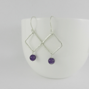 square dangles, amethyst and silver earrings, amethyst earrings, silver earrings, sterling silver earrings, square hoops, small hoops, hammered silver, argentium silver ear wires, artisan earrings, handmade earrings, handcrafted earrings, artisan amethyst earrings, handmade amethyst earrings, handcrafted amethyst earrings, metalwork, handcrafted, handmade, artisan, wire wrapped sterling silver, Birthstone Collection, February birthstone, birthstone earrings, square dangle