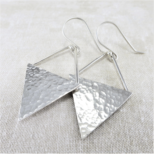 hammered silver triangle earrings, sterling silver earrings, hammered silver earrings, triangular earrings, geometric earrings, drop earrings, dangle earrings, minimalist earrings, lightweight earrings, modern earrings, hippy earrings, simple earrings, everyday earrings, statement earrings, Silver Echoes artisan earrings, hammered earrings, handcrafted earrings, simple earrings, Zen earrings, boho earrings, gypsy earrings, argentium ear wires, elegant earrings, nickel free silver earrings bridesmaid gift, bridesmaid earrings, wedding gift, wedding earrings, wedding jewelry, bridal earrings, bridal jewelry, mother of the bride earrings, mother of the bride jewelry New Years gift, Valentine’s gift, Mother’s Day gift, birthday gift, anniversary gift, Christmas gift, Hanukah gift, Kwanza gift, gifts for her, gifts for wife, engagement gift