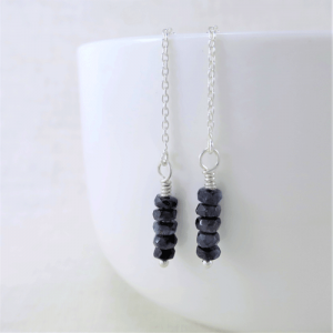 Sterling silver threader earrings with five facetted genuine sapphire bead dangles.