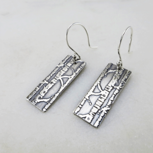 Midnight Birch Silver Earrings: Rectangular oxidized sterling silver earrings featuring an intricate birch pattern, showcasing a dark, elegant allure for a touch of nature-inspired sophistication.
