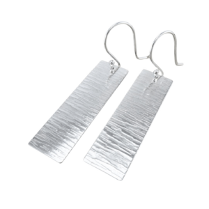 A pair of rectangular earrings with a horizontal line pattern, known as 